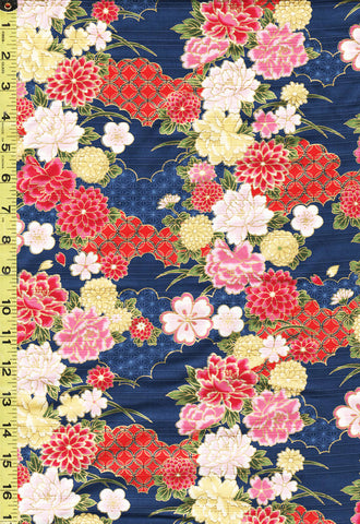 Japanese - Cosmo Floral Clouds & Seven Treasures - AP21902-2D - Navy