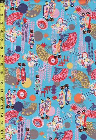 Japanese - Cosmo - Maiko Geisha, Fans & Flower Cart - AP25706-F- Turquoise