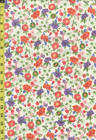 Japanese - Cosmo - Okinawa Bingata Style - Colorful Floral-Mums, Daisies & Peonies - AP25906-1A - Cream