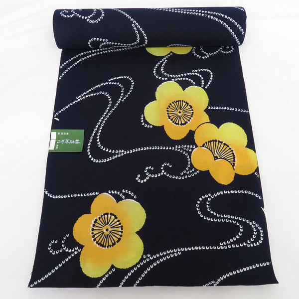Yukata Fabric 710 Yellow Plum Blossoms & River Swirls Indigo
