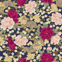 Quilt Gate - Gilded Botan - Foo Dogs & Peonies - HR3350-14D - Navy
