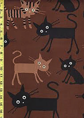 SALE - Japanese Novelty - Cocoland Large Wide Eye Electrified Cats - CO-10002-12D - Oxford Cloth - BROWN - SAVE 20% - By the Yard