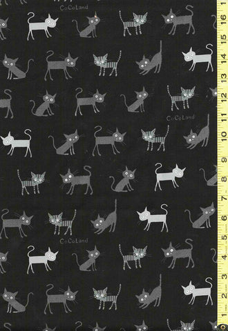 SALE - Japanese Novelty - Cocoland Wide Eye Electrified SMALL Cats - Oxford Cloth - CO-10002-2E - BLACK - SAVE 20% - By the HalfYard