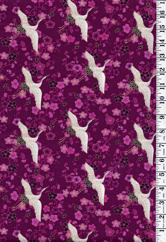 SALE - Asian - Hikari Small Flying Cranes & Cherry Blossoms - TP-2520-L - Purple Berry - SAVE 30% - By the Yard