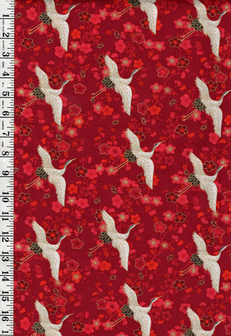 SALE - Asian - Hikari Small Flying Cranes & Cherry Blossoms - TP-2520-R - Red - SAVE 30% - By the Yard