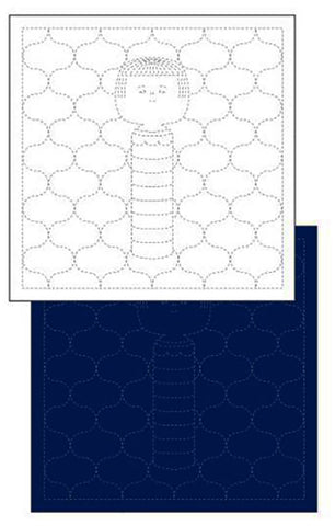 Sashiko Pre-printed Sampler - Daruma Kokeshi Dolls & Fishing Net (Amimon) - # 1253 - Navy