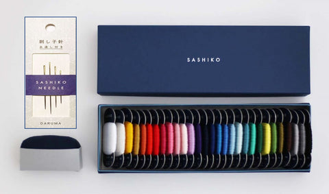**Sashiko Thread - Daruma - LARGE SIZE - Thin Weight Collection Thread Box - 29 Colors, Needles & Pincushion