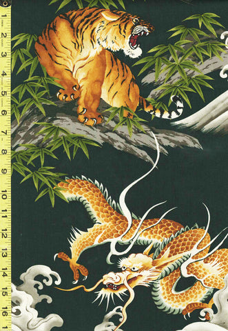 Asian - Trendtex Dragons, Tigers, Bamboo & Crested Waves - Large Scale - 43278 - Forest Green - Last 1/2 yard