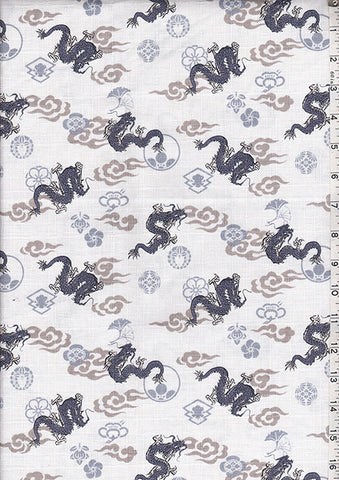 Japanese - Hokkoh Dragons, Crests & Clouds - Dobby Weave - 71-1140-2A - Ivory - Last 1 1/4 Yards