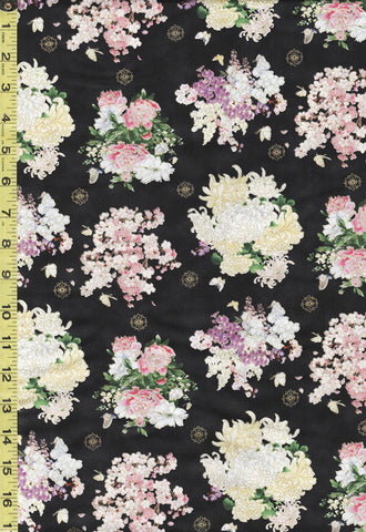 Asian - Geiko Collection - Floating Floral Bouquets - M3407 - Black - ON SALE - $5.00 By the Yard