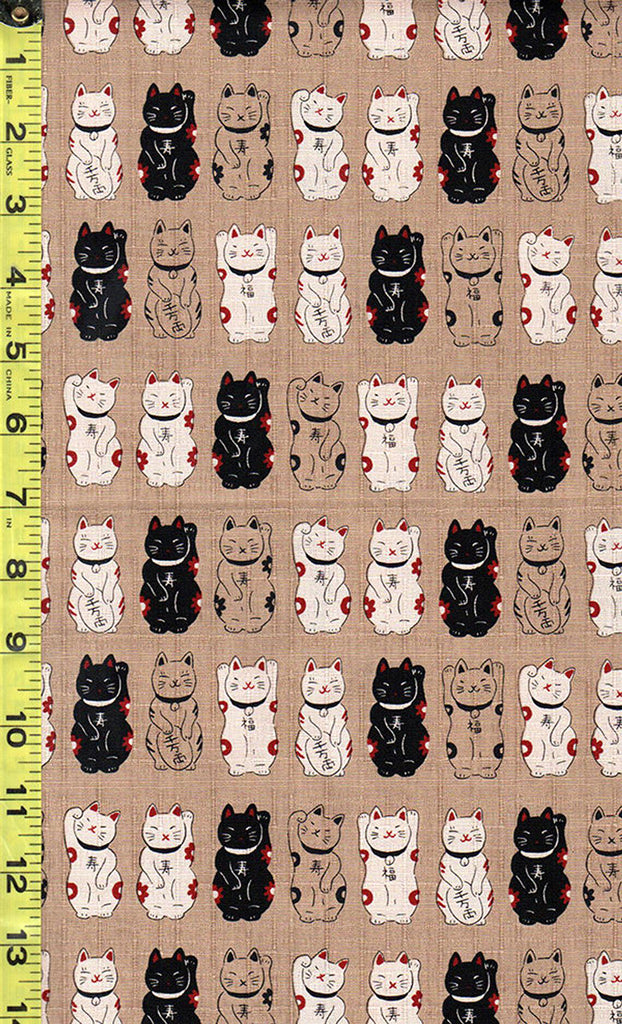 Japanese Novelty - Cosmo Maneki Neko Cats Waving - Dobby Weave - AP22308-2A - Tan, Ecru & Black