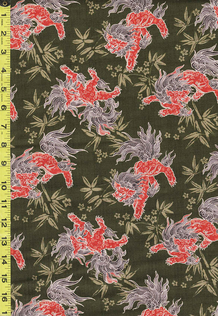 *Japanese - Hokkoh Foo Dogs & Bamboo Leaves - Dobby Weave - 321-1110-6C - Olive Green