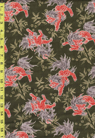 *Japanese - Hokkoh Foo Dogs & Bamboo Leaves - Dobby Weave - 321-1110-6C - Olive Green