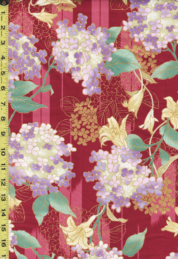 Quilt Gate - Hyakka Ryoran Shiki - Hydrangeas Blossoms & Daylilies - HR3380-12C - Cranberry