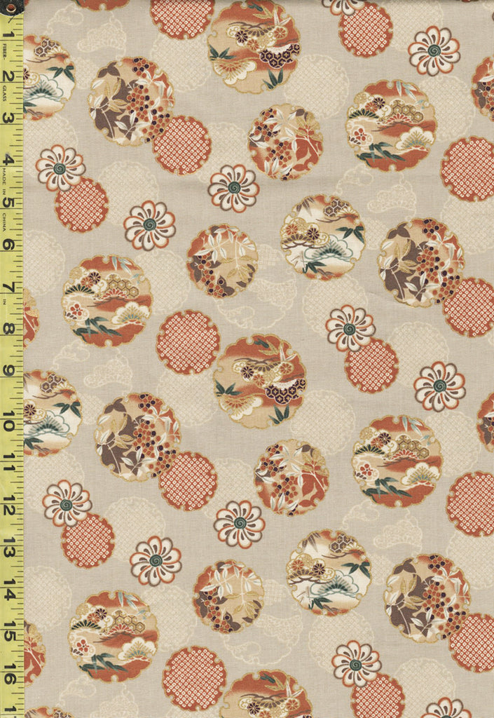 Quilt Gate - Hyakka Ryoran Shiki - Floating Medallions with Pines, Berries & Shibori Dots - HR3380-14A - Tan - By the Half Yard