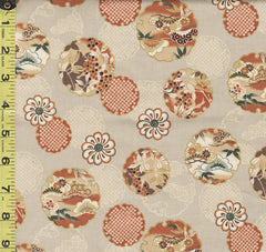 Quilt Gate - Hyakka Ryoran Shiki - Floating Medallions with Pines, Berries & Shibori Dots - HR3380-14A - Tan - By the Half Yard