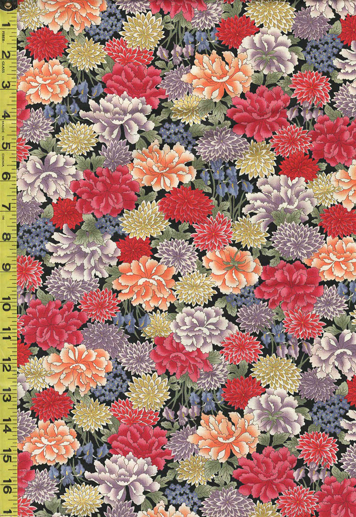 Quilt Gate - Kaga Compact Mums, Peonies & Iris - HR3400-13F - Black - By the Half Yard