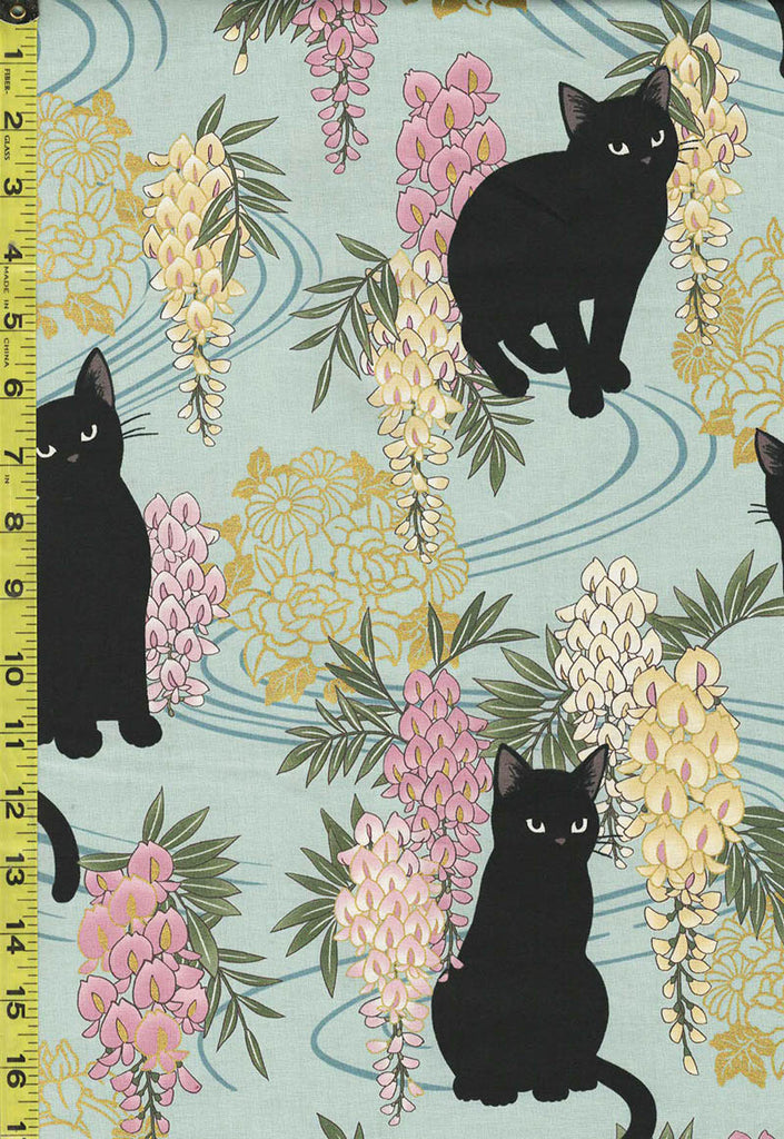 Quilt Gate - Neko Black Cat, Wisteria & Floral Medallions - HR3410-C - Light Blue - 5/8 Yard Piece