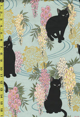 Quilt Gate - Neko Black Cat, Wisteria & Floral Medallions - HR3410-C - Light Blue - 5/8 Yard Piece