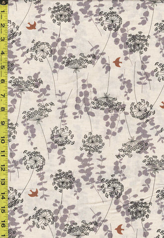 Japanese - Handworks Dandelions, Leafy Branches & Brown Birds - Cotton-Linen - SL10452S-A - Natural & Gray