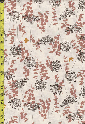 Japanese - Handworks Dandelions, Leafy Branches & Gold Birds - Cotton-Linen - SL10452S-B - Natural & Brown - ON SALE - SAVE 50% - By the Yard