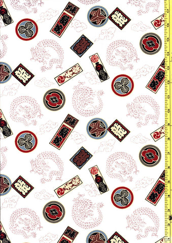 Japanese - Hokkoh Dragon & Crests - Dobby Weave - Off-White - Last 1 2/3 yards