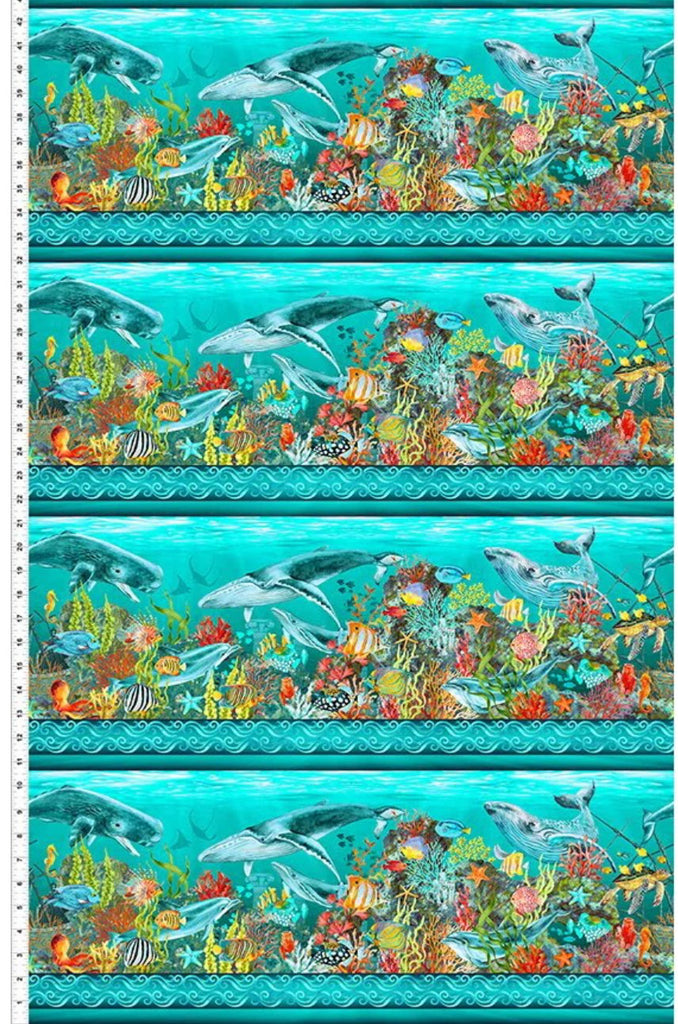 *Tropical - In the Beginning - CALYPSO II - WHALE & SEA LIFE STRIPE - 21CAL 2 - TEAL - ON SALE - SAVE 30% - Last 2 1/3 yards