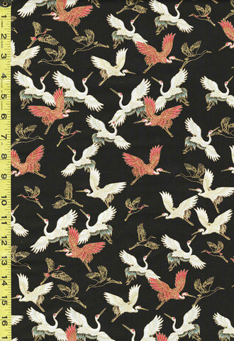 Asian - Kyoto Garden - Small Red and White Flying Cranes - CM1669 - BLACK - 3/4 Yard Piece