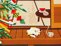 Furoshiki  - Japanese Wrapping Cloth - Sleeping Tama Cat & Celebration Branches