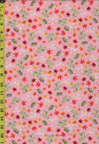 Asian - Michiko Small Floating Gingko, Maple Leaves & Cherry Blossoms - 2333-P - Pink - By the Half Yard