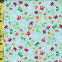 Asian - Michiko Small Floating Gingko, Maple Leaves & Cherry Blossoms - 2333-T - Aqua - By the Half Yard