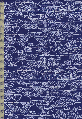 Yukata Fabric - 555 - Maple Leaves, Bamboo Leaves & Country Hillside - Navy