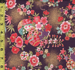 Japanese - Naka Drums, Balls & Flowers - Crepe Like Texture - N-2500-136C - Purple