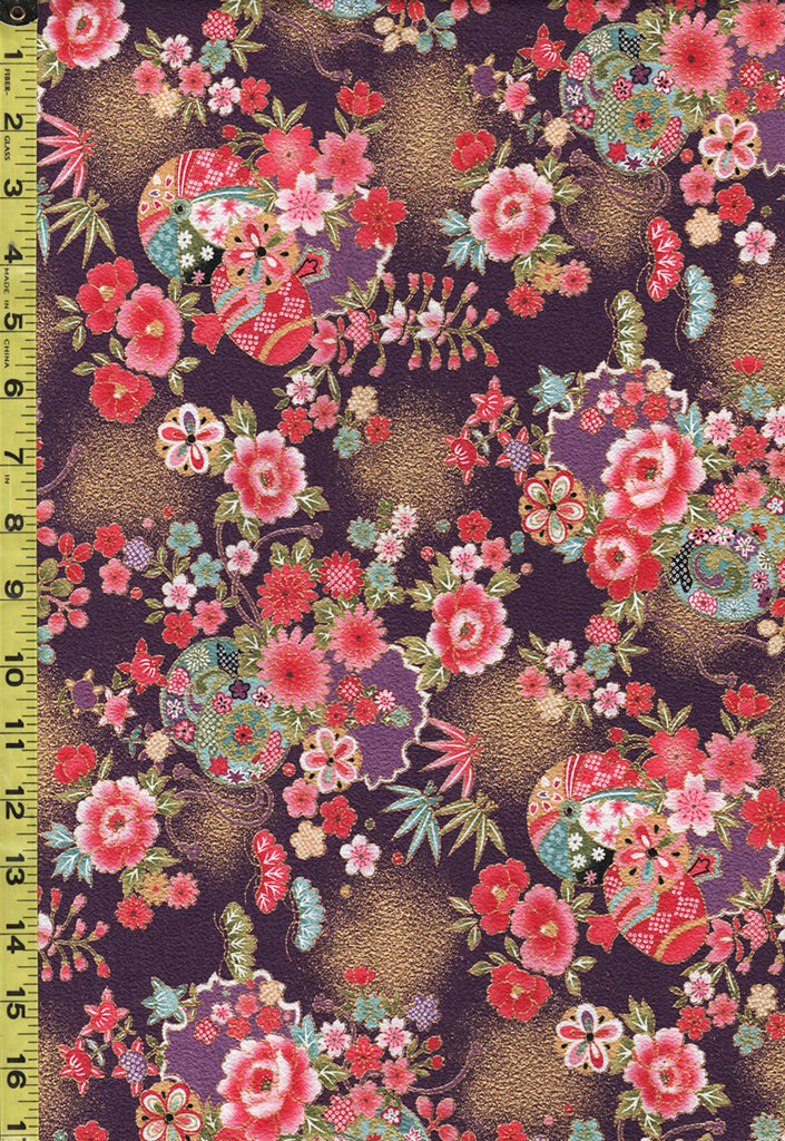 Japanese - Naka Drums, Balls & Flowers - Crepe Like Texture - N-2500-136C - Purple