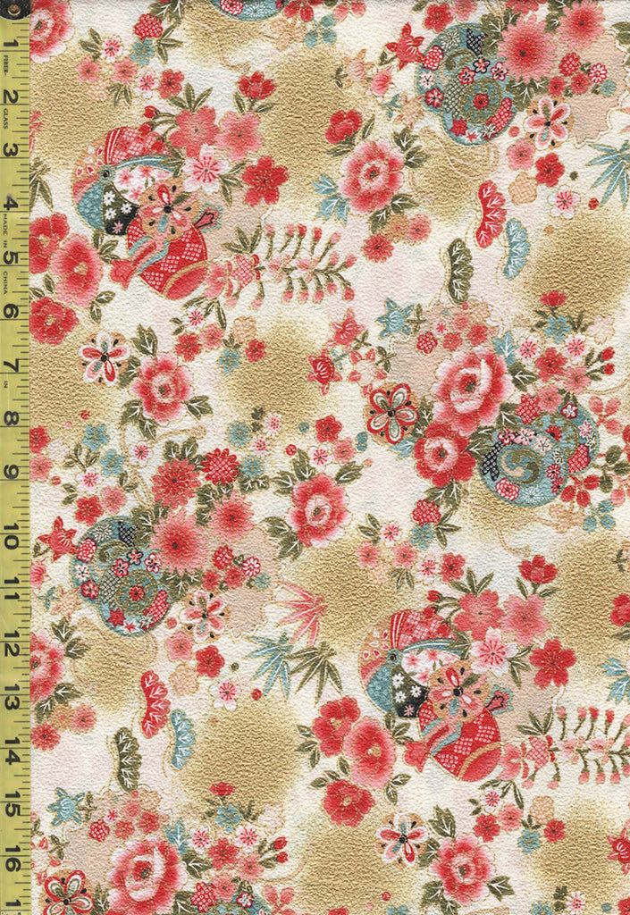 Japanese - Naka Drums, Balls & Flowers - Crepe Like Texture - N-2500-136D - Ivory - By the Half Yard