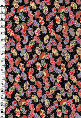 *Japanese - Naka Small Floating Floral Fans - N-2000-83A - Black