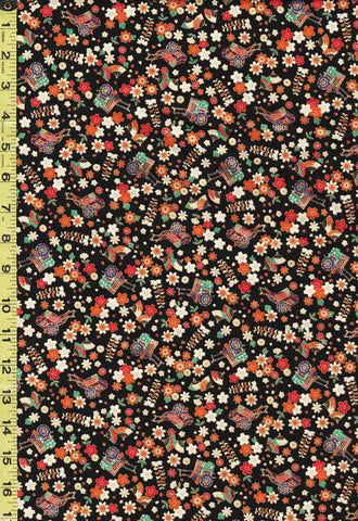 *Japanese - Naka Japanese Carts & Floral Blossoms - Gold Metallic - N-2000-98C - Black