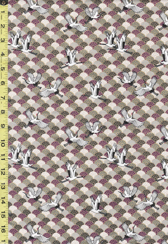 SALE - Japanese - Naka Small Flying Cranes & Stylized Mums - N-2000-73C - Gray, Purple & Ivory - SAVE 50% - Last 2 1/8 Yards
