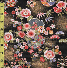 Japanese - Naka Drums, Balls & Flowers - Crepe Like Texture - N-2500-136A - Black - By the Half Yard