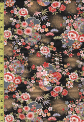 Japanese - Naka Drums, Balls & Flowers - Crepe Like Texture - N-2500-136A - Black - By the Half Yard