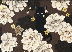 Quilt Gate - Neko Black Cat & Peonies - HR3110-11E - Brown