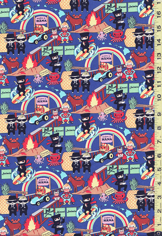Asian - Tropical Novelty - Surfing Nijas & Little Men in Black - LW-20-770 - Blue - Last 1/2 yard