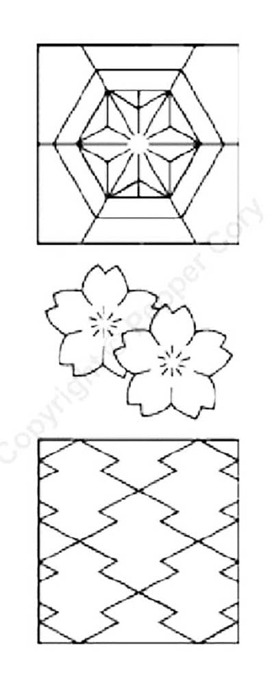 Sashiko Stencil - PC1052 - Asanoha, Cherry Blossoms & Pine Bark - 5"
