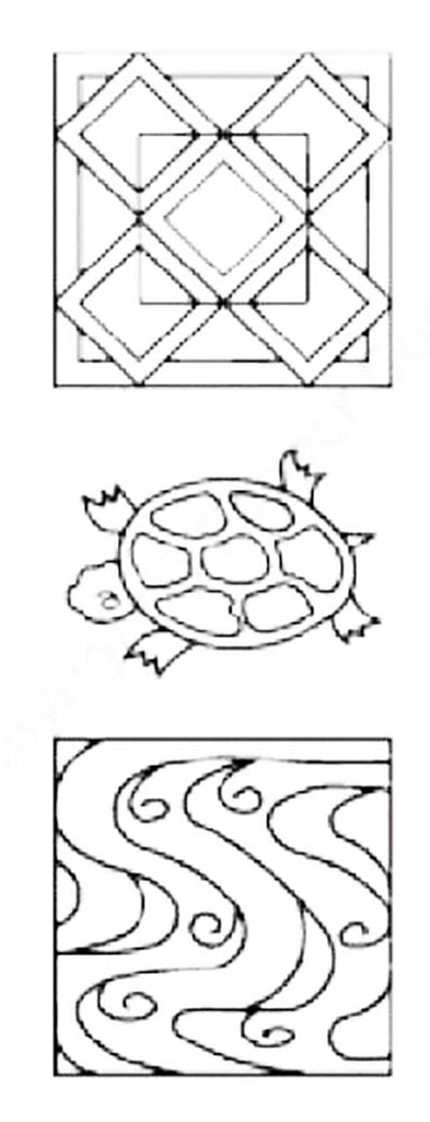 Sashiko Stencil - PC1059 - Spinning Squares, Turtle & Water Ripples - 5"