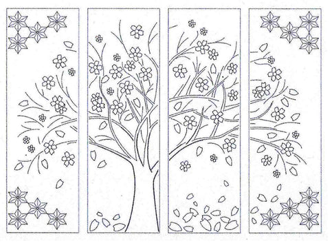 Sashiko Pre-printed Panel - HM-24 - Cherry Tree in Spring- Large 4-part panel - Navy