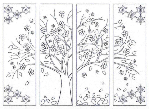 Sashiko Pre-printed Panel - HM-24 - Sakura Cherry Tree in Spring- Large 4-part panel - Navy