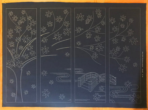 Sashiko Pre-printed Panel - HM-26 - Maple Tree & Bridge - Large 4-part panel - Navy
