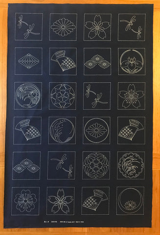 Sashiko Pre-printed Panel - HM-27 - Japanese Crests, Fans & Dragonflies - Dark Navy