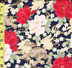 Quilt Gate - Gilded Botan - Foo Dogs & Peonies - HR3350-14D - Navy
