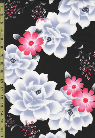 Yukata Fabric - 556 - Roses & Pink Daisies - Black